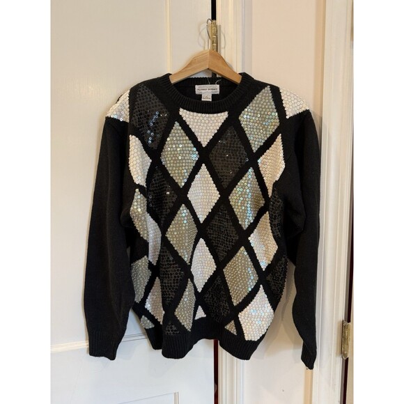 Vintage Alfred Dunner Sequin Sweater Diamond Patterns Black White XL - Picture 7 of 7